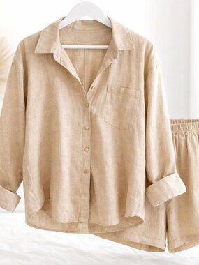 Neutral Linen Blend Set Relaxed Button Up & Shorts Coastal Chic